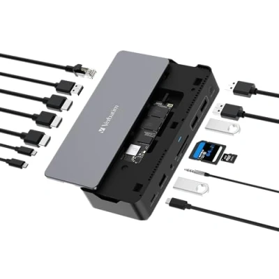 Immagine di Verbatim USB C Pro Docking Station, hub 15 in 1 con SSD integrato, adattatore multiporta A HDMI 4K e 8K, C, PD 80 W, AUX, lettore di schede per Mac/Windows Laptop Co