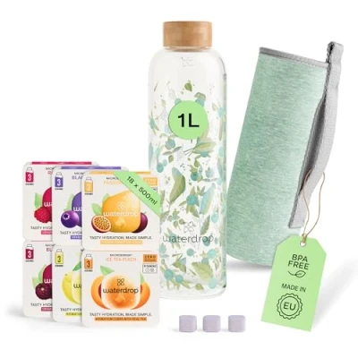 Immagine di waterdrop® Set Scoperta Vetro 1x Bottiglia in + 18 cubetti microdrink waterdrop per acqua Pacchetto di prova con 6 gusti aromatizzanti Senza zuccheri Borraccia 1L