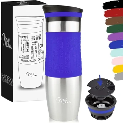 Immagine di Milu Tazza Termica da viaggio per caffè 450ml 100% a Prova di perdite Isolata e tè portare via bere in acciaio inossidabile Caldo freddo (Blu, 450ml)