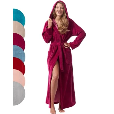 Immagine di Morgenstern Accappatoio extra lungo da donna cappuccio bambù cotone e microfibra vestaglia di lusso molto lunga fucsia Taglia S