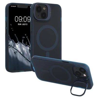 Immagine di kwmobile Custodia Trasparente con Bordo Colorato Compatibile Apple iPhone 13 Cover per Ricarica Wireless Antiurto blu scuro/trasparente