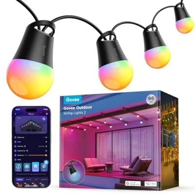 Immagine di Govee Luci Esterne Intelligenti 2, da Esterno RGBIC 30M con Lampadine LED Dimmerabili Bianco Caldo, 47 Modalità Scena per Patio, Cortile, Impermeabile IP65, Funziona Alexa, Controllo App