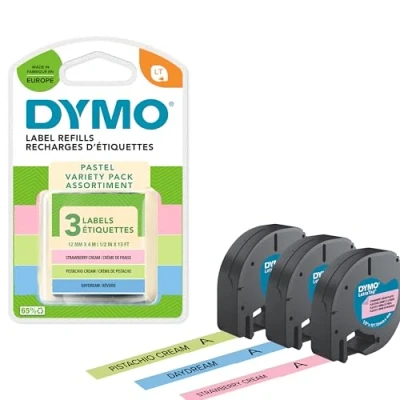 Immagine di DYMO LetraTag etichette originali confezione valore con pastello in plastica 12 mm x 4 m verde pistacchio, azzurro e rosa LT autoadesive per etichettatrice 3 pz