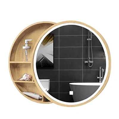 Immagine di Specchio da Bagno Rotondo con Luce Parete in Legno Camera Letto Mobile Contenitore Trucco