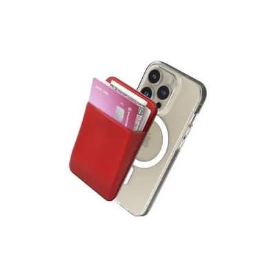Immagine di Sinjimoru [2022 Updated iPhone 14 Basic Magnetic Wallet for Apple Magsafe, Stretchy Fabric Cell Phone Card Holder Back of 12, 13 &amp; Series. M Red