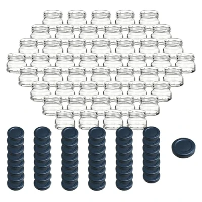 Immagine di gouveo Set di 48 vasetti per conserve 30 ml mini con coperchio a vite nero tappo TO43 rotondi conserve, marmellata, spezie (EGR030SZ)