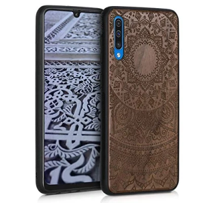 Immagine di kwmobile Custodia Compatibile con Samsung Galaxy A50 Cover Back Case in Legno Bumper Silicone TPU Sole indiano marrone scuro