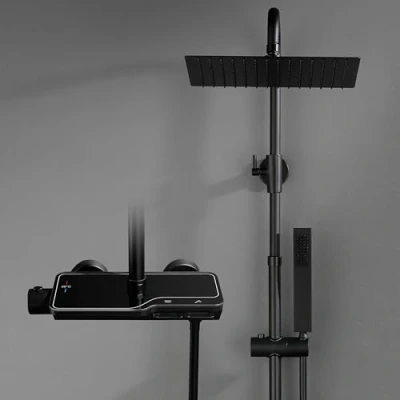 Immagine di Görbach Nero Colonna Doccia con Termostatico in Acciaio INOX 304 Rubinetto Soffione Miscelatore, Set a Pioggia Doccetta(25x25cm Quadrato)