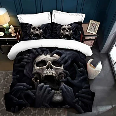 Immagine di LXTOPN Copripiumino 3D con Teschio,Copripiumino Matrimoniali 200X200 Chiusura ​Lampo,Copripiumino Morbido in Microfibra Nera,Copripiumino Teschio 2 federe (200 x 200 cm, 1)
