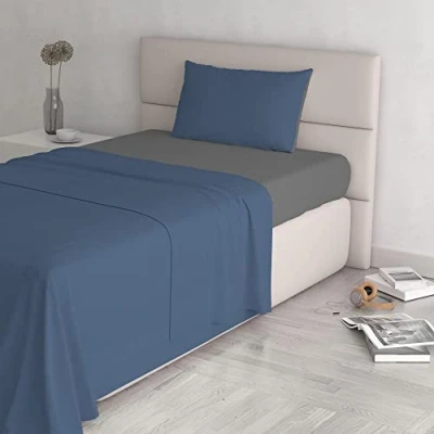 Immagine di Italian Bed Linen Natural Color Completo Letto Doppia Faccia, 100% Cotone, (Avio/Fumo), Piazza e Mezza, 3 Unità