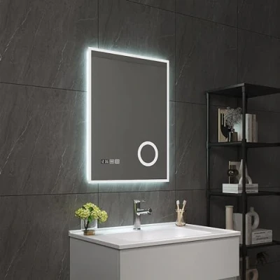 Immagine di pro.tec Specchio LED da Parete Rettangolare Bagno Antiappanamento e Lente Ingranditore Orologio Digitale Luce Bianca Regolabile con Sensore Tattile 50 x 70 cm Bianco