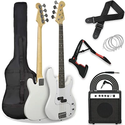 Immagine di 3rd Avenue Kit pacchetto basso elettrico beginner dimensioni standard 4/4 con amplificatore da 15 W, custodia, cavo di connessione, tracolla, stand e corde riserva Bianco