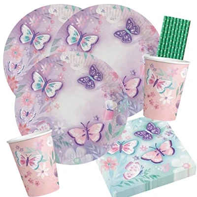 Immagine di spielum Set di 40 pezzi per feste con farfalle Flutter Piatti bicchieri tovaglioli cannucce 8 bambini