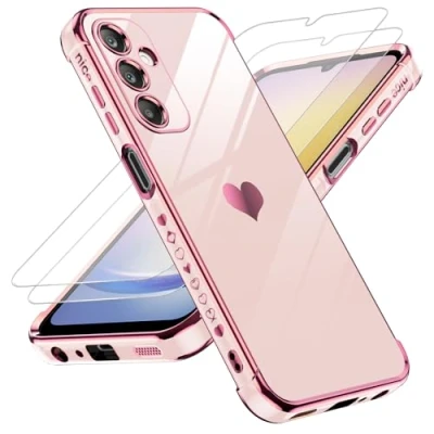 Immagine di LeYi Cover per Samsung Galaxy A25 5G Custodia con Vetro Temperato [2 Pack], Amore Cuore Paraurti Morbido TPU Sottile Case Protezione Fotocamera A 25 Donne, Rosa