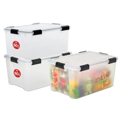 Immagine di Iris Ohyama, Scatole Portaoggetti Ermetiche in Plastica, 50L, Set di 3, Trasparente, Coperchio Impermeabile, con Chiusura, Impilabile, Per Esterni, Garage, Vestiti, Antipolvere, Senza BPA, AT L