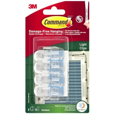 Immagine di Command clip trasparenti per luci da esterno con strisce adesive, 8 mini ganci e 10 piccole decorative appendere all&#039;aperto senza danni