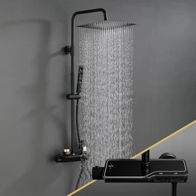 Immagine di Görbach Nero Colonna Doccia con Termostatico in Acciaio INOX 304 Rubinetto Soffione Miscelatore, Set a Pioggia Doccetta(20x20cm Quadrato)