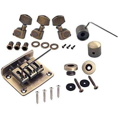 Immagine di Alnicov Combo Kit Bronzo Sella Ponte Tuning Pioli Manopole di Controllo Cinghia Serrature Chiavi Viti Rondelle per 3 Corde Sigari Box Chitarra