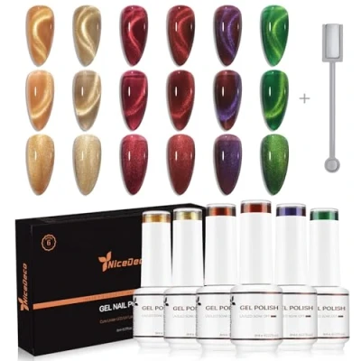Immagine di Nicedeco 6 Flaconi di Smalto Cat Eye Semipermanente per Unghie Colori Kit 8ML magneticp Lampada UV LED Soak Off Gel Nail Polish Set 41