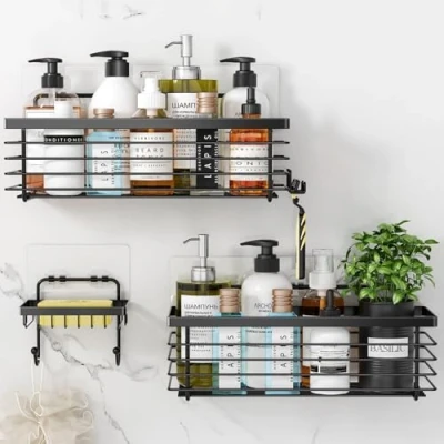 Immagine di Oriware Adesivo Mensola Bagno Doccia con Portasapone Mensole Caddy Portacoltelli da Barba Senza Foratura Inossidabile SUS304 Confezione 3 (Nero)