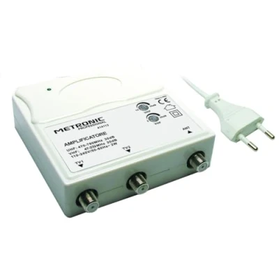 Immagine di Metronic 414113 Amplificatore TV Vhf/Uhf per Digitale Terrestre con Filtro Lte, Vhf 25Db Regolabili, Uhf 30Db 1 Ingresso/2 Uscite, da Interno, Bianco