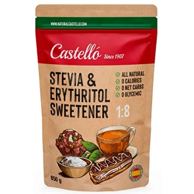 Immagine di Dolcificante Stevia + Eritritolo 1:8 1g = 8g Zucchero Sostituto dello 100% Naturale 0 calorie Indice Glicemico Keto e Paleo Carboidrati No OGM Castello since 1907 850 g