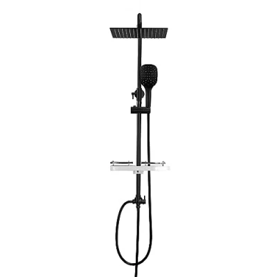 Immagine di Görbach Colonna Doccia idromassaggio Nero in INOX 304 Soffione Senza Miscelatore Set a Pioggia con Doccetta e Mensola,Soffione (20 * 20cm)