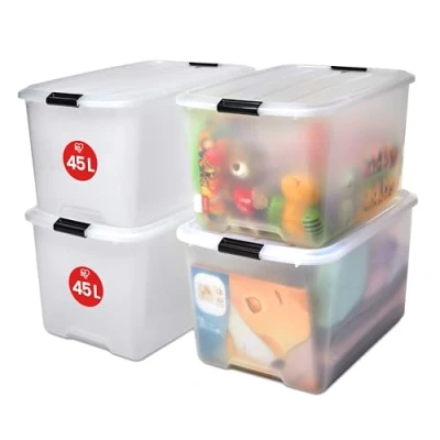 Immagine di Iris Ohyama Scatole Portaoggetti in Plastica Con Coperchio, 45L, Lotto di 4, Trasparente, Chiusura a Clip, Empilabile, Solido, Per Armadio, Garage, Casa, Ufficio, Organizzatore, TB 45