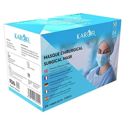 Immagine di KAROFI Mascherine Chirurgiche TIPO II MEDICO, 4 STRATI, BFE &gt; 98%, testate e approvate, certificate CE EN14683 : 2019, pacco da 50