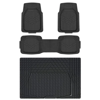 Immagine di Amazon Basics 4 unità da tappetini in gomma resistente, per auto, SUV, camion, tutte le stagioni, tappetino del bagagliaio incluso, Nero