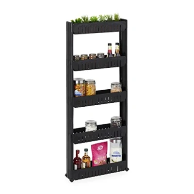 Immagine di Relaxdays Mobile Salvaspazio, 5 Ripiani, Scaffale Stretto per Bagno &amp; Cucina, Carrello Portaoggetti in Plastica, Nero