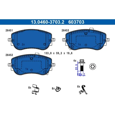 Immagine di ATE 13.0460 3703.2 Kit pastiglie freno con segnalatore acustico usura bulloni pinza accessori