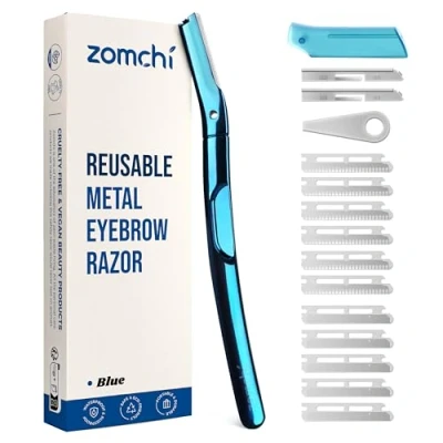 Immagine di ZOMCHI Rasoio per sopracciglia, Rasoi il viso donne e uomini, Rifinitore sopracciglia con cappuccio protettivo in silicone, Dermaplane depilazione facile sicura (Blu, 11 lame)