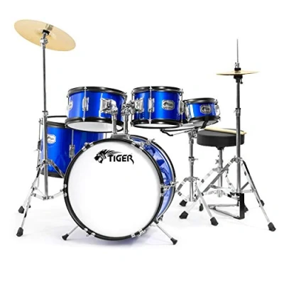 Immagine di TIGER JDS14 BL Batteria 5 pezzi per ragazzi, con sgabello, bacchette e chiave accordatura garanzia 2 anni inclusa. Colore blu