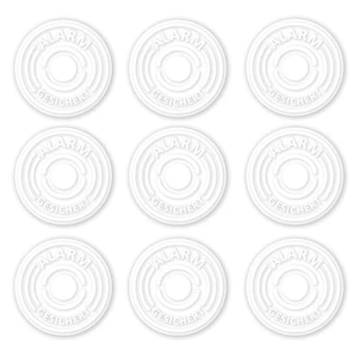 Immagine di iSecur 9 adesivi di sicurezza con allarme I Ø 4 cm interno adesivo trasparente resistente ai raggi UV Attenzione impianto bianco hin_370