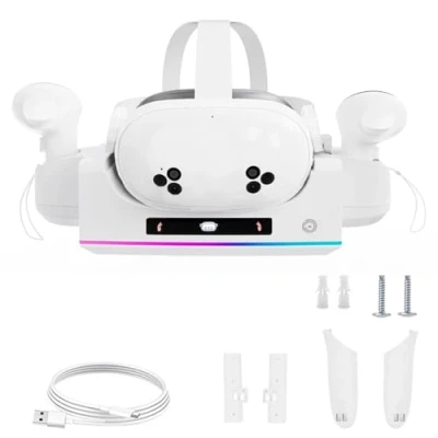 Immagine di stazione di ricarica per Meta Quest 3S/Quest 3, VR compatibile con cuffie 3 e controller touch, supporto montabile a parete accessori