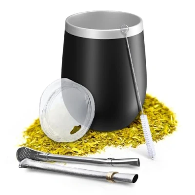 Immagine di Aquafloow Tazza Yerba Mate 350 ml + 2 Pezzi Cannucce in Acciaio, Argentino a Doppia Parete Coperchio senza BPA, Set da Tè Acciaio Inox per Yerba, Nero