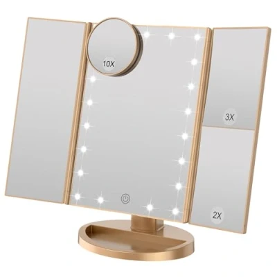 Immagine di WEILY Specchio Trucco Illuminato, 21 LED e ingrandimento 1X / 2X 3X, interruttore a sfioramento per la regolazione della luminosità, modalità doppia alimentazione triplo (Oro)