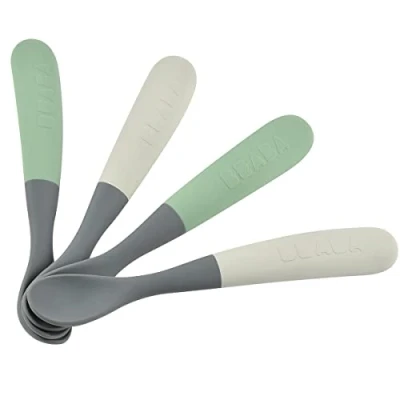 Immagine di BÉABA, Set di 4 cucchiai in Silicone per bambini e ragazzi, Prima età, A partire da mesi, Punta arrotondata, Manico lungo ed ergonomico, Facile presa, opaco, Non scolorisce, Sage/Mineral