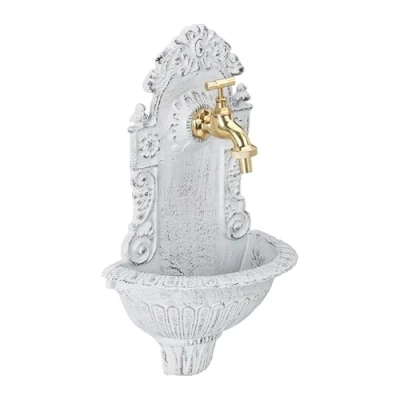 Immagine di Relaxdays Fontana a Parete, con Rubinetto, Stile Antico, Lavandino, in Lega di Alluminio HxLxP 40 x 24,5 13 cm, Bianca
