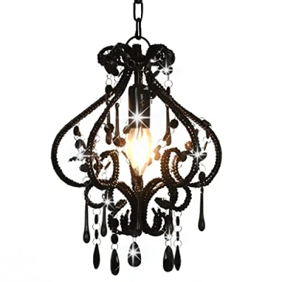 Immagine di vidaXL Lampadario con Perle di Cristallo Rotondo 1 Lampadina E14 Lampada Soffitto Luce Pendente Base in Metallo Nero Gocce Acrilico Trasparente