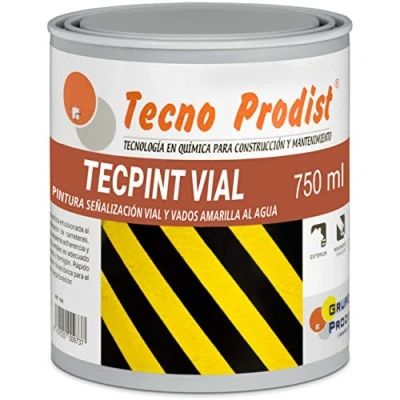 Immagine di TECPINT VIAL by Tecno Prodist (750 ml) GIALLO Vernice all&#039;acqua, per segnaletica stradale, orizzontale, speciale guadi e pavimento. Spartitraffico. Asciugatura rapida, atossica