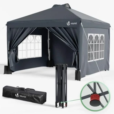 Immagine di VOUNOT Gazebo 3x3m Pieghevole con 4 Parti Laterali Rimovibili, da Giardino Tenda Padiglione Sistema di Clic Pop up Sacchi Sabbia Peso e Sacca Trasporto, Colore Grigio