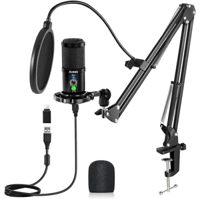 Immagine di Aveek Microfono a Condensatore USB per PC e Mac, Compatibile con Smartphone, Podcast, Registrazione Musicale, ASMR, Canto Professionale, Cardioide Asta Regolabile Supporto Phone PS4