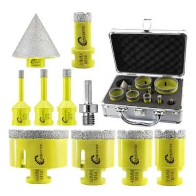 Immagine di Punte per Trapano Diamantate 10pezzi (6/8/10/20/35/40/50/68mm+50mm Punta Smusso+Adattatore) Piastrelle di Ceramica Porcellana Marmo Granito con M14 Filettatura SANLEETEK