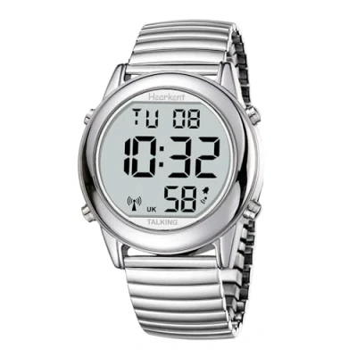 Immagine di Hearkent Atomic Digital Parlando Orologio Britannico Inglese Parlare Piacevole Voce Maschile Grandi Numeri Radio conrtolled per Anziani O Ciechi, Argento elastico, Classico