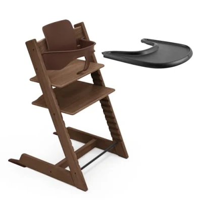 Immagine di Seggiolone Stokke Tripp Trapp Quercia (Warm Brown) con vassoio (Nero) Include sedia Trapp, Baby Set 2 per bambini da 6 a 36 mesi e Regolabile facile pulire