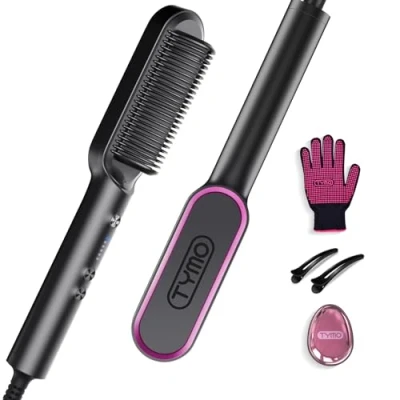 Immagine di Spazzola Lisciante per Capelli TYMO RING Piastra Professionale, Pettine Riscaldante Lisciante, 5 Temperature, 130C 210C, Tecnologia Ceramica PTC, Riscaldamento Rapido, Anti Scottatura,Nero