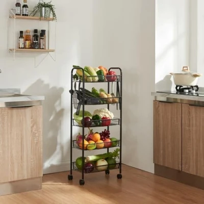 Immagine di [en.casa] Carrello Portatutto da Stoccaggio Organizzatore con 5 Cestelli e Ganci Mobile Multiuso in Acciaio a 4 Rotelle per Cucina Ufficio Bagno Nero