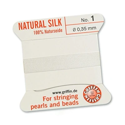 Immagine di Griffin Filo/cordino/corda per infilatura di perle e perline, al 100% in seta natural, da 2 metri lunghezza, con un ago, disponibile 13 misure, colore: bianco, White, 0.35mm